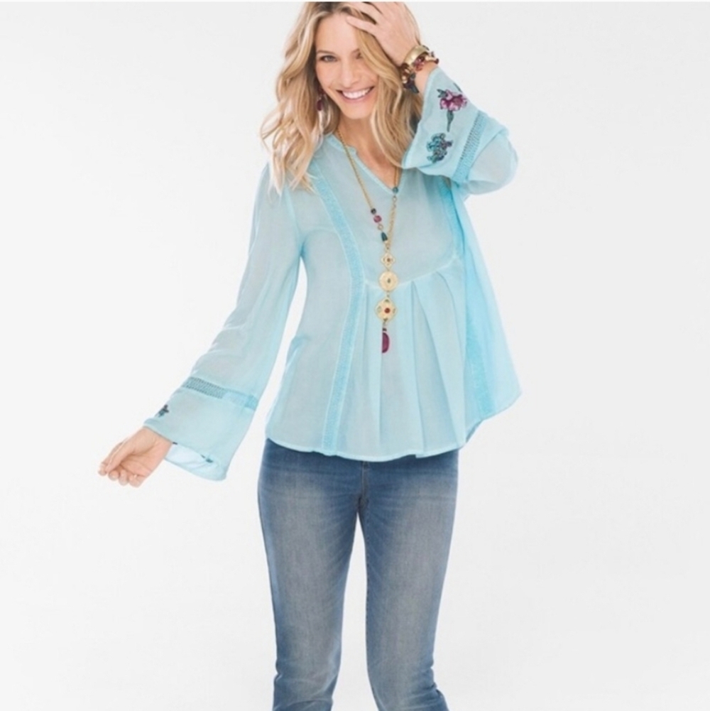 Chico's Light Blue Embroidered Boho Blouse Size Medium